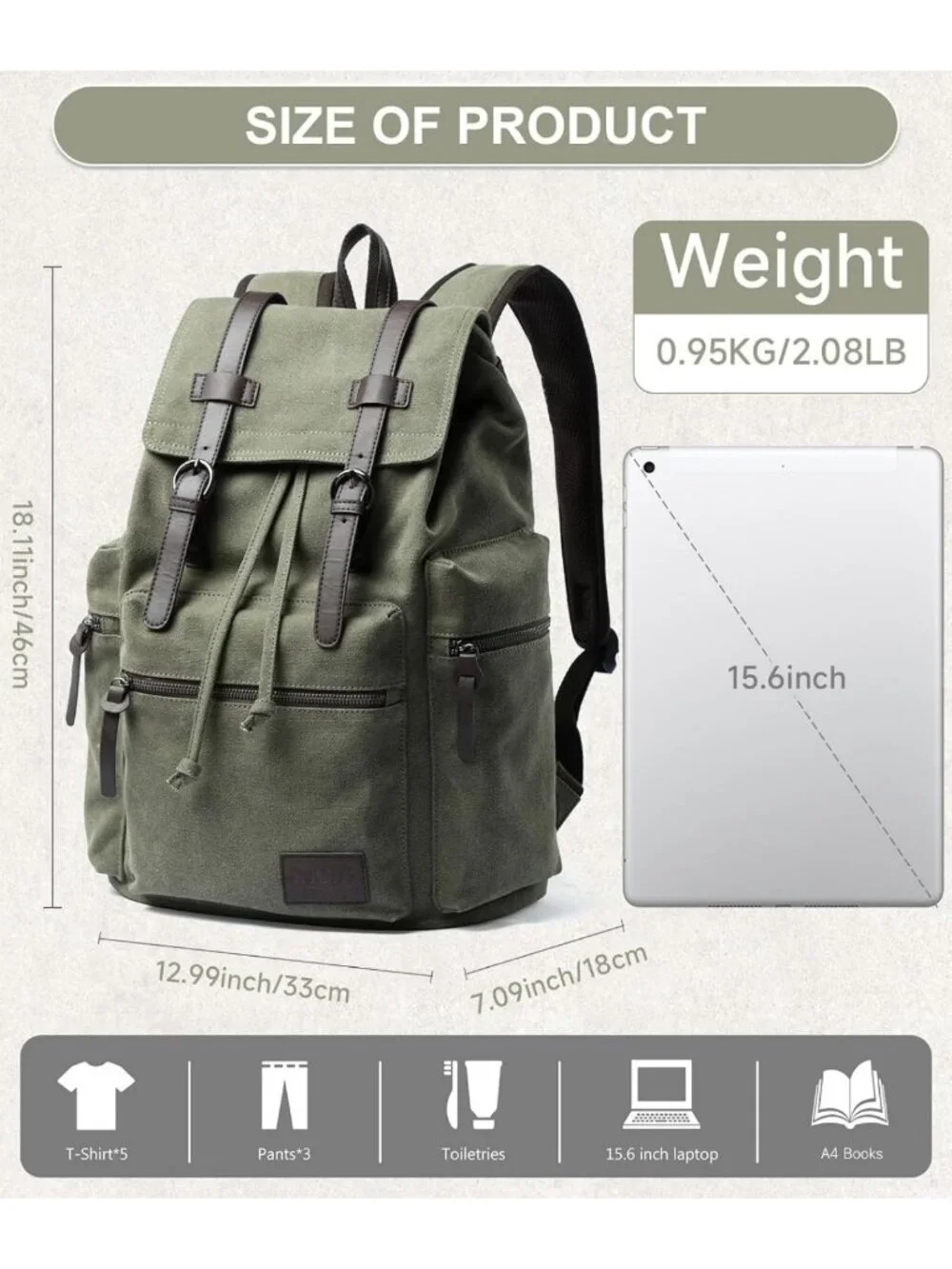 Vintage Olive Green Canvas Backpack for Men - Retro Rucksack for 15.6” Laptop